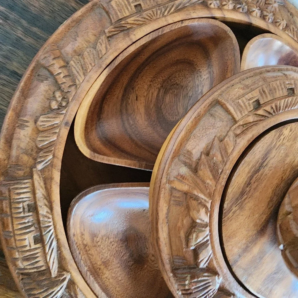 Hand Carved 3 Tier‎ Teak Pineapple Monkey Pod Lazy Susan Serving Tower Vintage